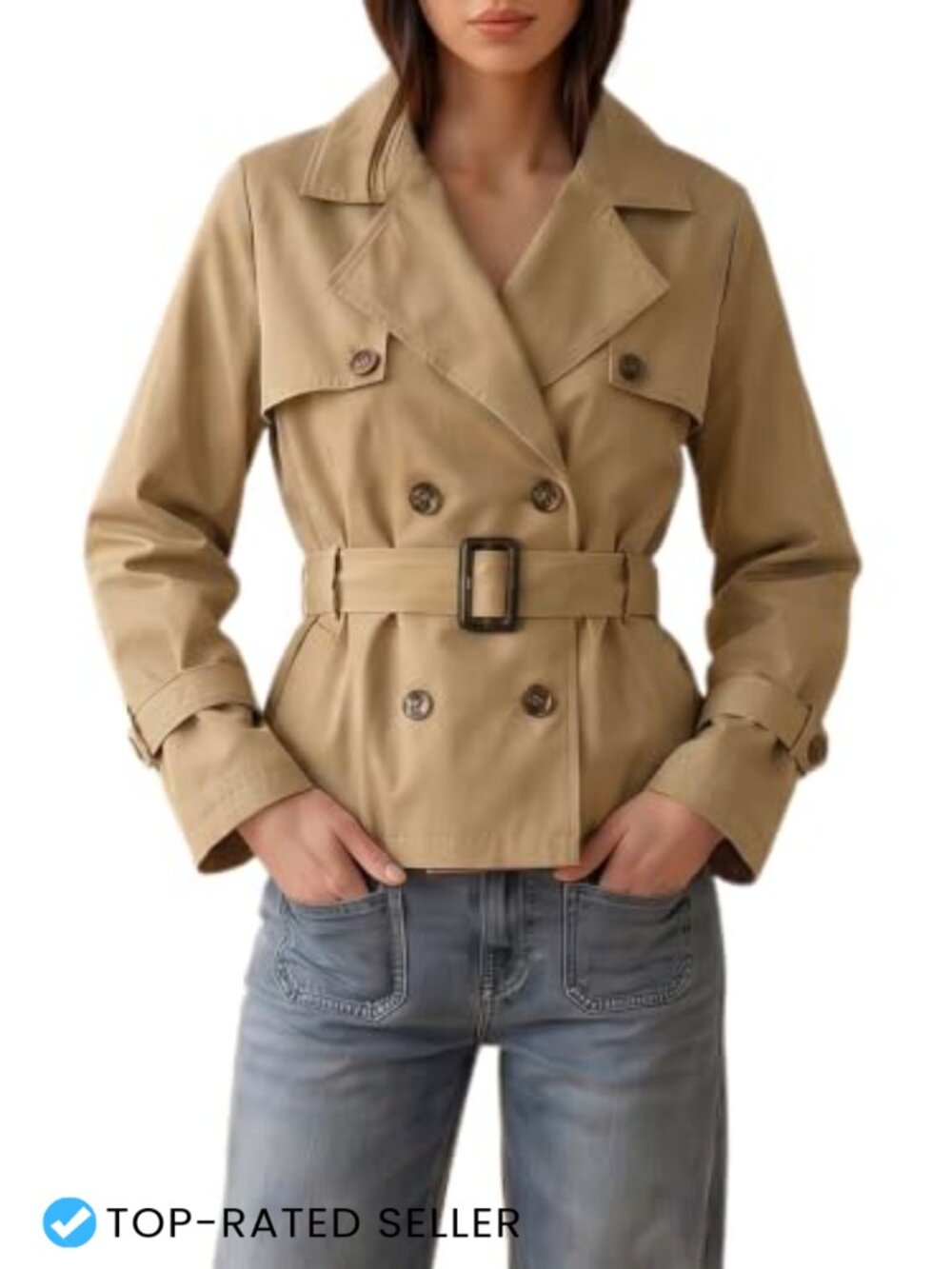 Allegra K Women's Double Breasted Trench Coat Notched Lapel Windproof Belted